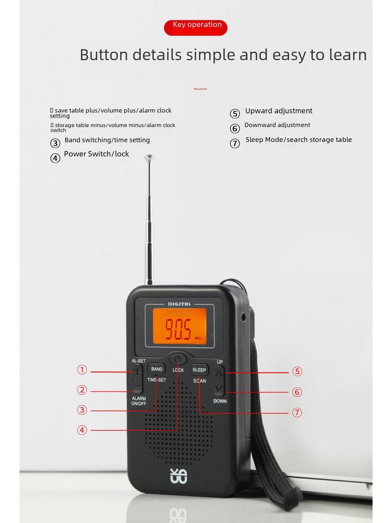 Radio stereo tascabile FM/AM con orologio W-206: Design quadrato portatile ed elegante