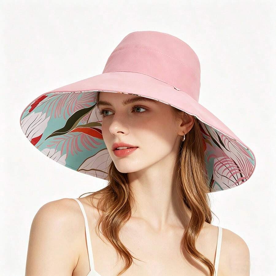 Foldable Wide Brim Reversible Bucket Hat Printed Pattern Lightweight Sun Protection For Women Summer Beach onesize розовый