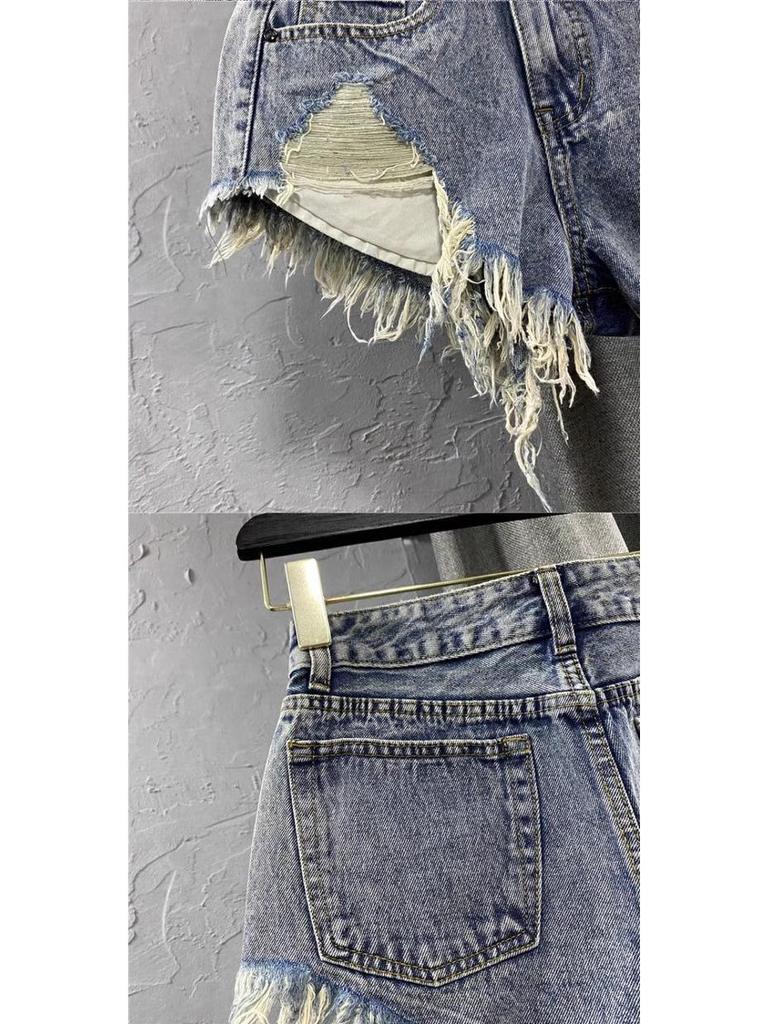 Vintage Low Rise Denim Shorts with Fringe & Ripped Pockets