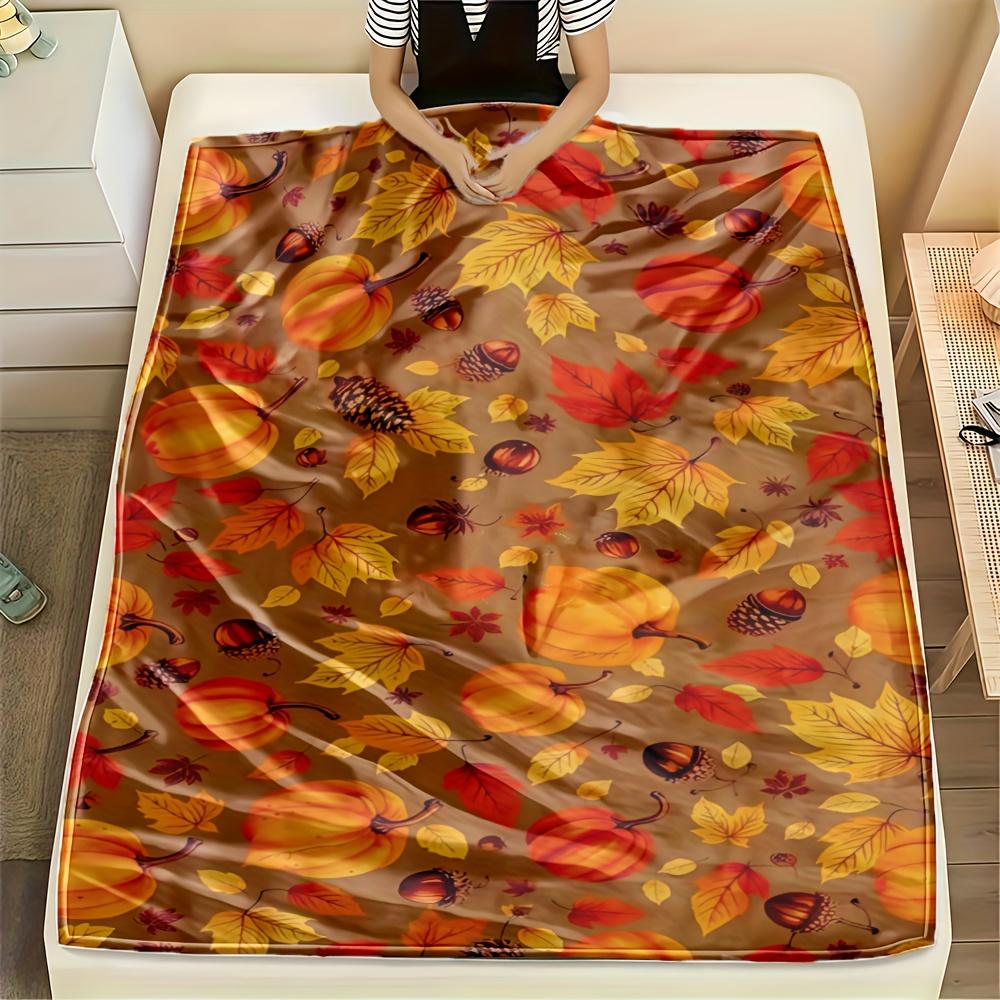 1 Autumn Pumpkin Maple Pinecone Acorn Print Blanket, Warm and Cozy Soft Throw for Sofa Bed Car Office Camping Travel, All-Season