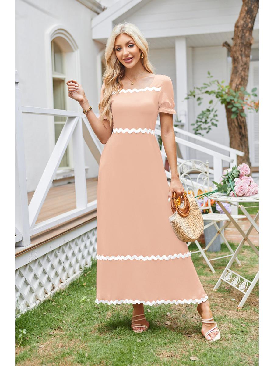 

European & American Women s Square Neck Ruffle Puff Sleeve Dress - Spring/Summer 2025 Collection S рожевий