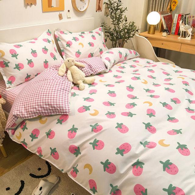 Fashion Bedding Set White Green Double Bed Linens Quilt Duvet Cover Pillowcase Queen Size Flat Sheet Classic Grid for Girl Boy
