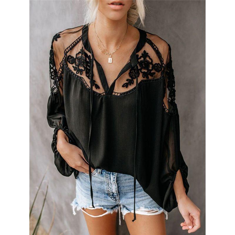 2019 Summer Women Blouse Casual Lady V Neck Lace Blouse Tops