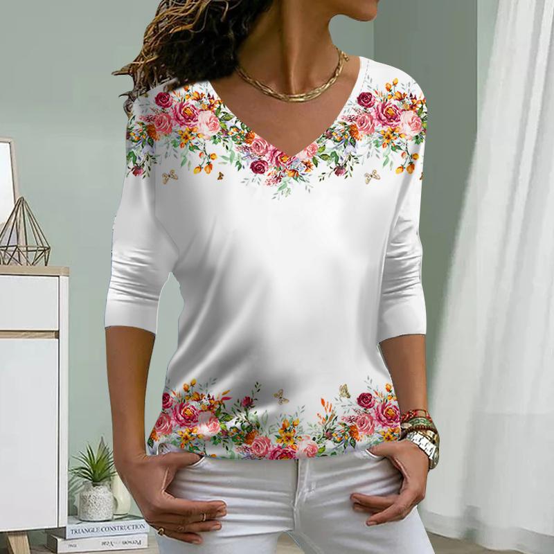 Rose Print Women Tshirts Ladies Tops Long Sleeve V-neck Pullover Femme T-shirts T Shirt For Women