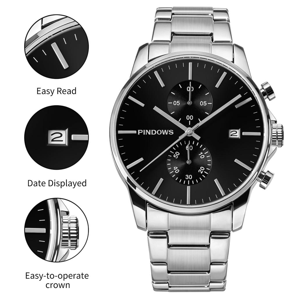 PINDOWS Stainless Chronograph Quartz Watch with Automatic Date Function Men's Watch, Fashionable, Minimalist, Business, Durable, Steel, Waterproof,