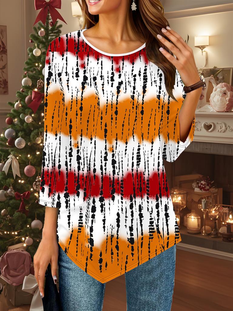 Women's Loose Round Neck Three Quarter Sleeve Tee 3D Geometry Pattern
