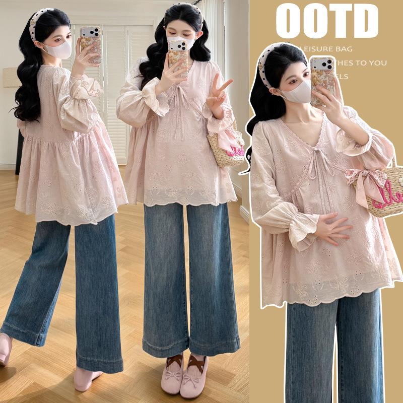 2026 Stylish Long Sleeve V-Neck Maternity Embroidered Shirt - Trendy Spring Arrival for Fashionable Moms XL