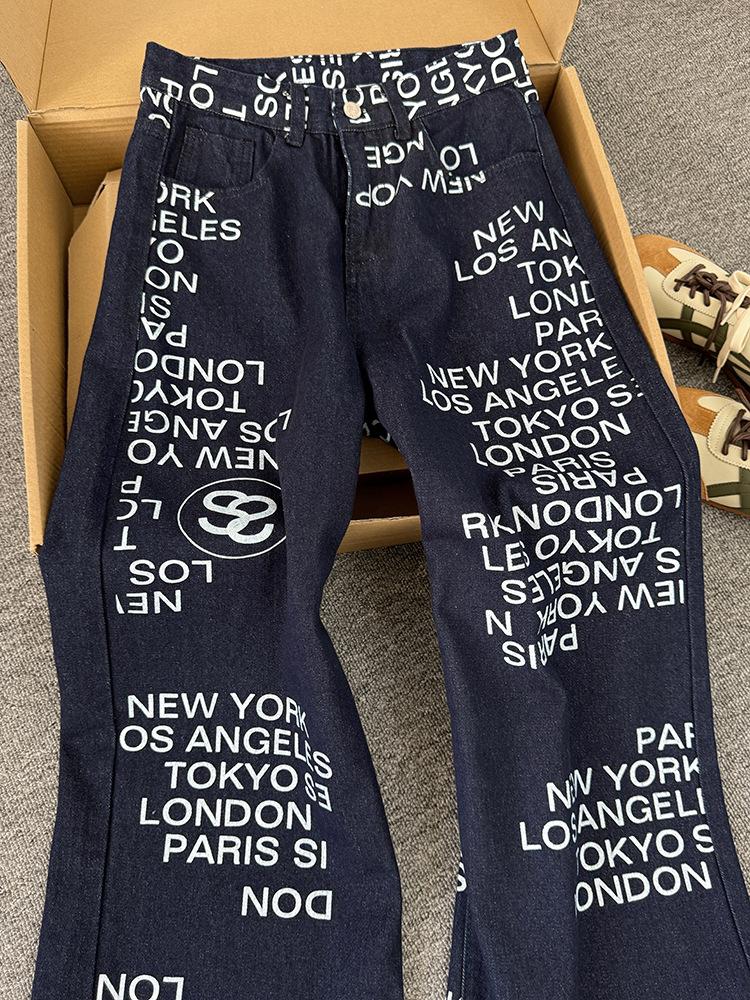 JYL Унисекс Прямые Джинсы Деним Синий Принт Буквы Американский Винтаж Свободные Повседневные Деним M бездна