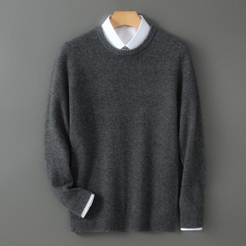 Men's 100% Australian Wool Round Neck Sweater - Skin-Friendly Business Casual Knitwear for Autumn/Winter.