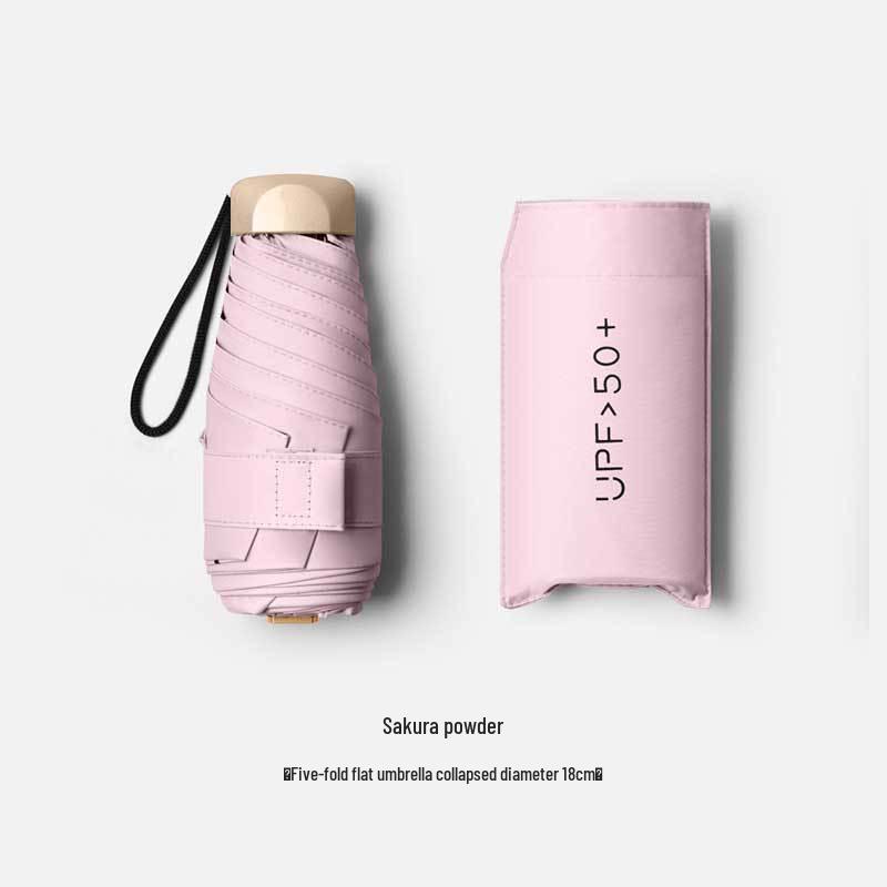 Five-Fold UV Protection Compact Sun and Rain Umbrella, Black Glue Coating.