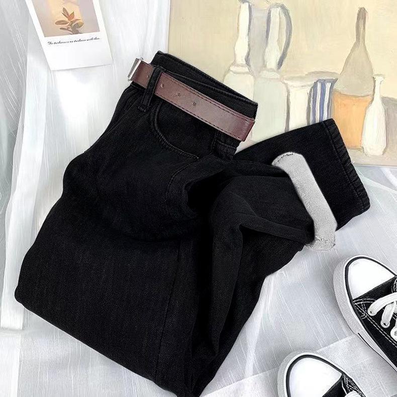 Women's 2025 High-Waist Straight Jeans: Velvet-Thickened, Slim-Fit, Nine-Point Harem Pants for Autumn/Winter