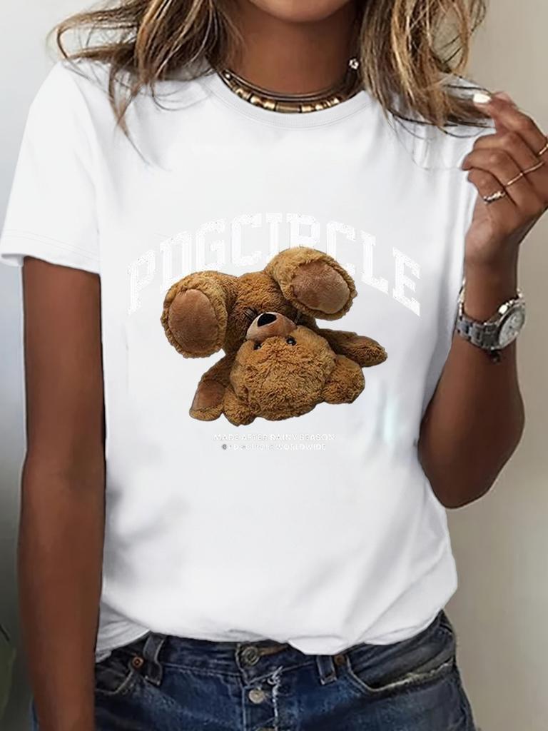 Unisex Cotton T-shirt with Plush Bear Print Round Neck Short Casual Unisex with Fun Letter Designs for Daily Wear