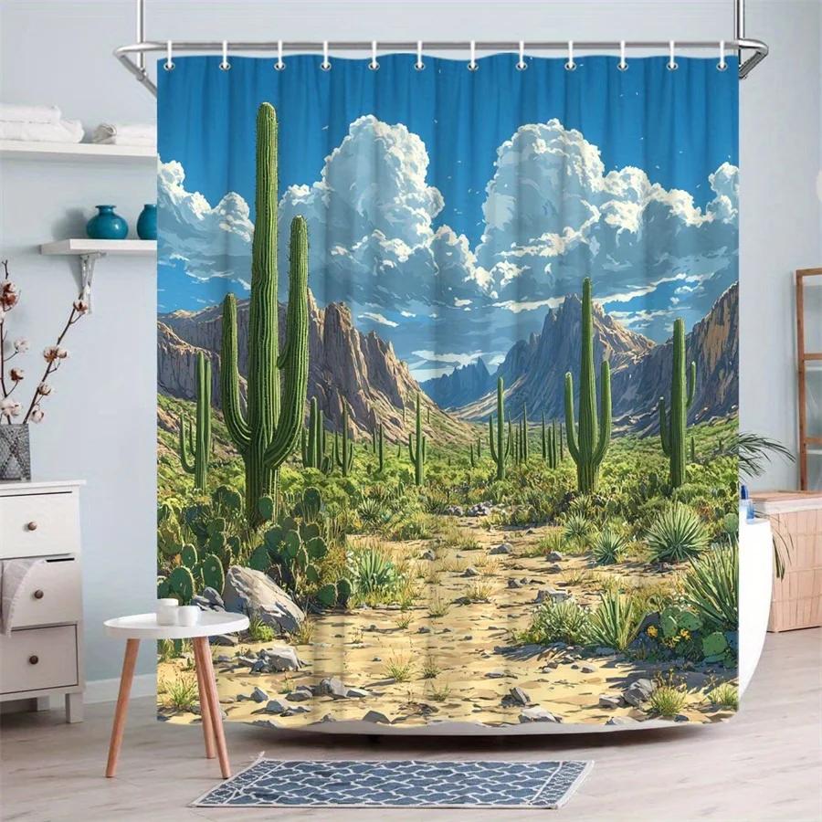 1pc Desert Landscape Saguaro Cacti Shower Curtain - Southwest Bathroom Decor with Rocky Terrain & Blue Sky Digital Art, Durable