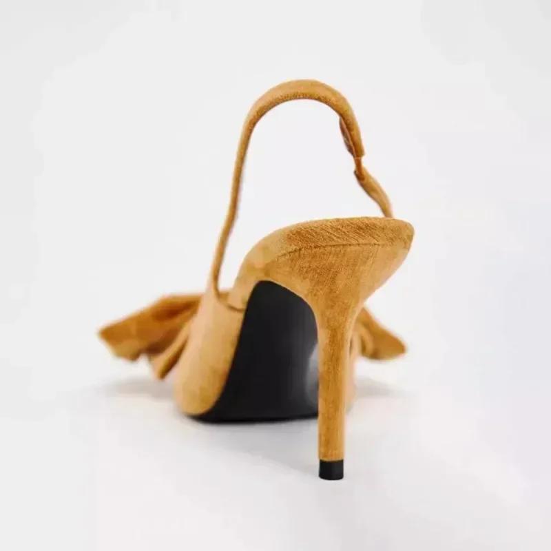 Fashion Designer Velvet Slingback Heeled Sandals Women Elegant Bow Decoration Back Strap Pointed Toe High Heels Dress Shoes Women Pumps