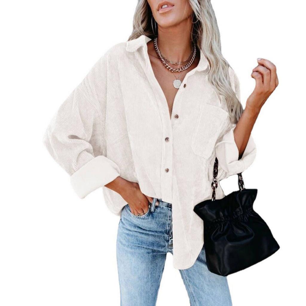 Autumn New Corduroy Shirt, Casual Long Sleeve Button Down Blouse Top for Women, European American Style Crossborder Women's Clothing