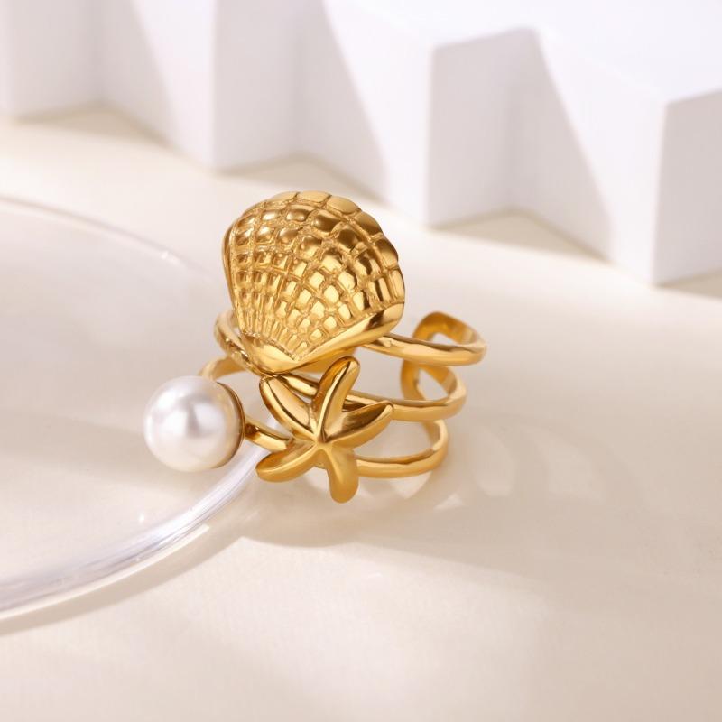Stainless Steel Gold-plated Starfish Sea Shell Splicing Pearl Ring Ring Women's Simple Temperament Jewelry