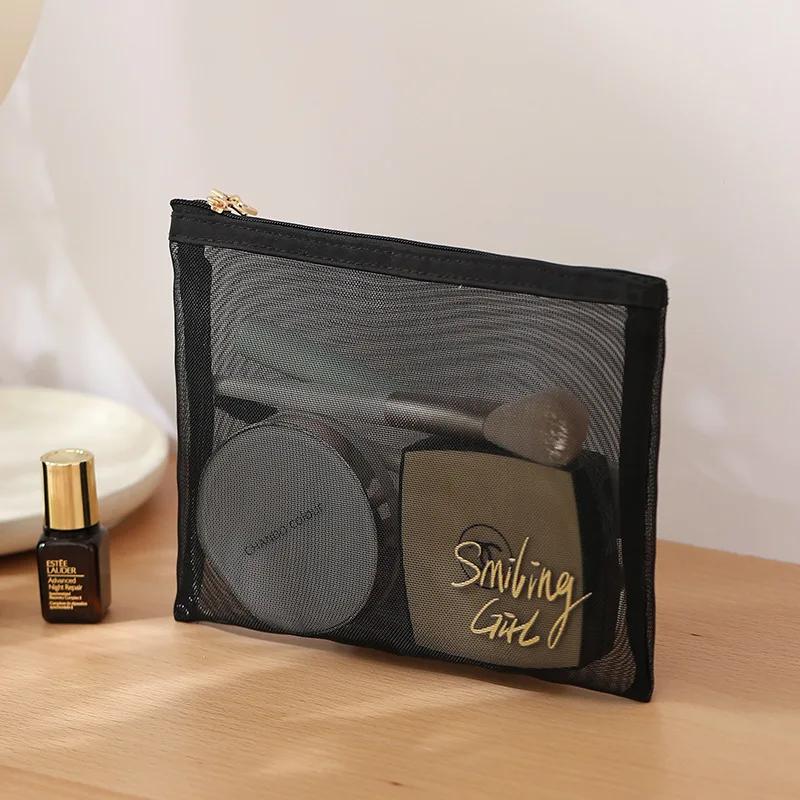 

1Pc Korean Fashion Black Mesh Makeup Bag Letter Gold Stamping Portable Cosmetics Pouch for Women Travel Toiletries Organizer