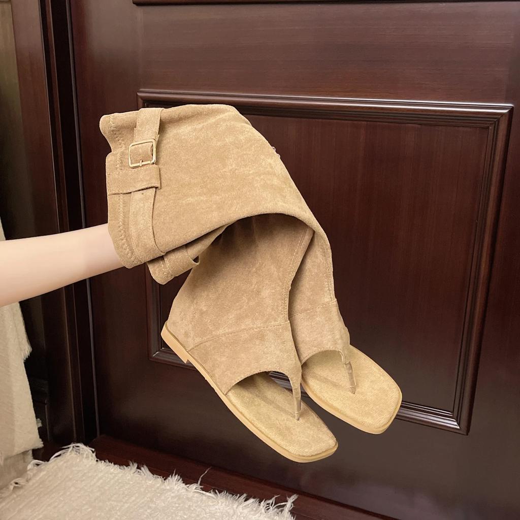 Summer Internal Elevation Women Knee High Boots Retro Style Clip Toe Shoes Ladies Causal Slip On Sandalias Booties