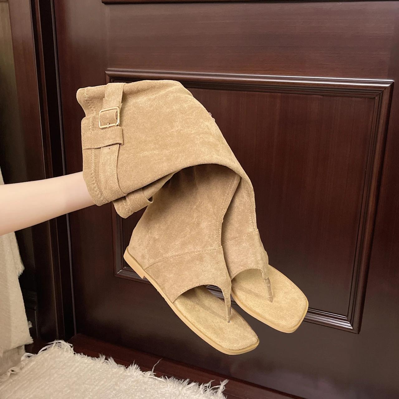 

Летние женские ботфорты до колена на внутренней платформе, в стиле ретро, с клипсой на носке, женские повседневные сапоги-слипоны 40 хаки