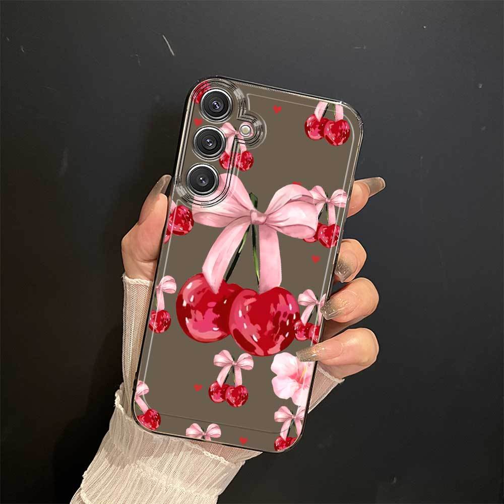 Red bow-shaped cherry pattern TPU transparent phone case suitable for Samsung S26 S25 S24 S23 S22 S21 S20 and other models.