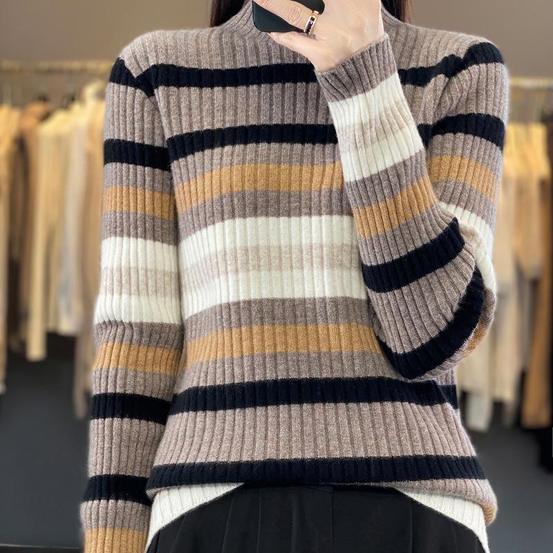 Pull Haut Col Rayé en Cachemire Tricoté pour Femme - Amincissant, Coupe Ample pour l'Automne et l'Hiver