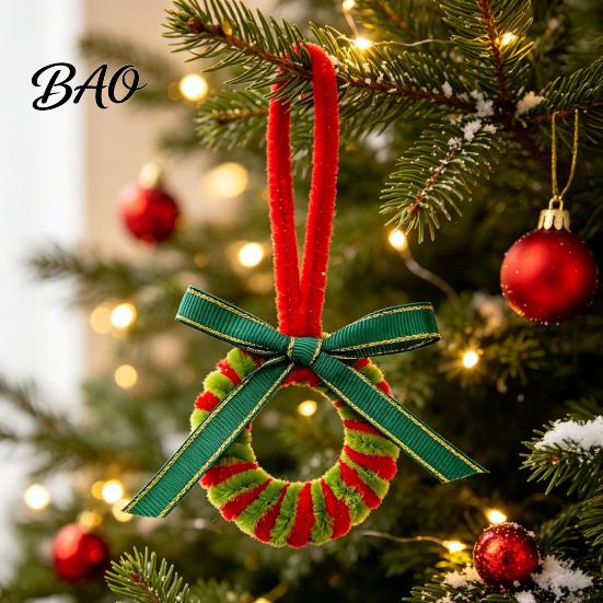 Indoor Xmas Window Decorations Handmade Pipe Cleaner Christmas Ornament, Finished Chenille Stems Wreath Crafts Charming Gift Packaging with Pinecones