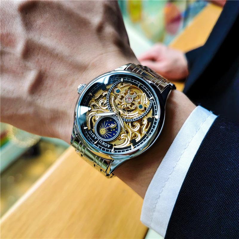 Royal Gold Skeleton Automatic Watch for Men Luxury Tourbillon Mechanical Watches Stainless Steel Strap Luminous Clock