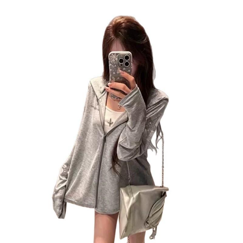 Giacca da Donna Oversize con Cappuccio e Decorazioni di Strass a Stella 3D, Leggera, Manica Lunga, Top da Esterno