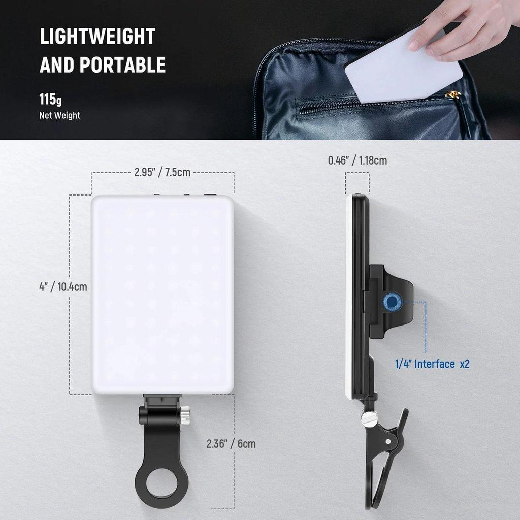 NEEWER NL-60AI Selfie Light for Phone with Front and Back Clip, 60 LEDs, 2000mAh Rechargeable, CRI95+, 3 Modes, Portable Clip-On Fill Light for Tablet