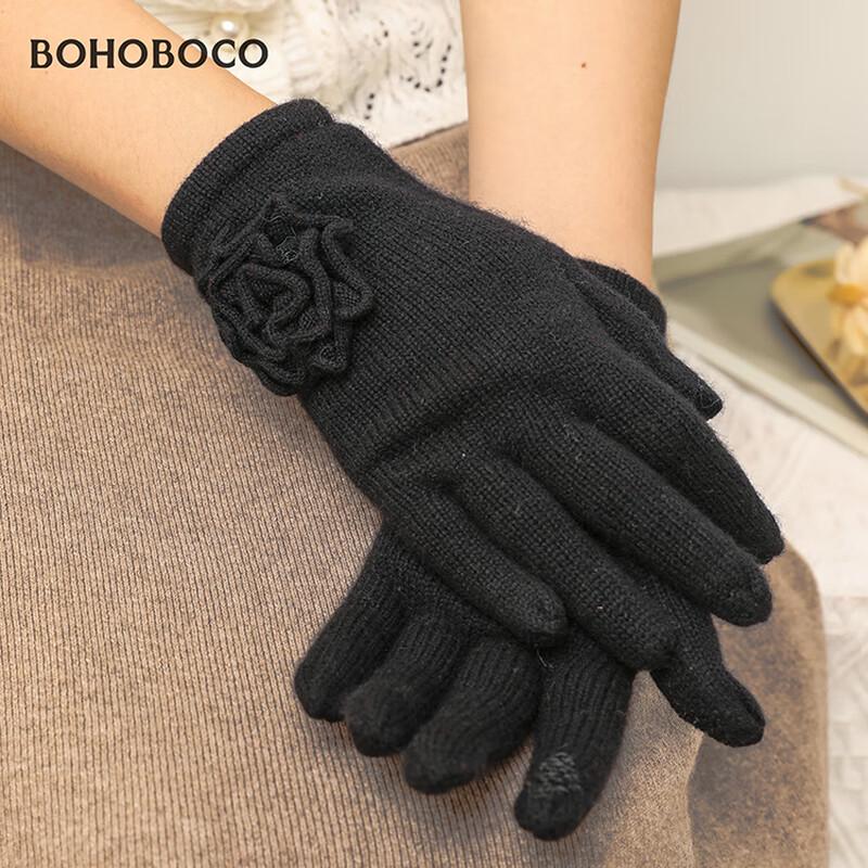 BOHOBOCO Women's 100% Cashmere Rose Pattern Winter Gloves