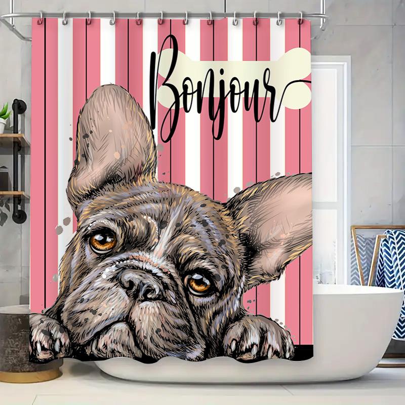 Bonjour French Bulldog Pink Striped Shower Curtain for Bathroom Decor Customizable Size Available 90x180cm