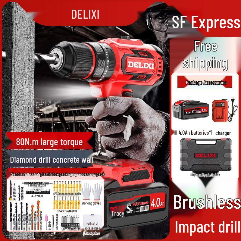 Delixi Brushless Lithium Electric Hand Drill - Pistol Grip for Household Wall Drilling and Impact Holes