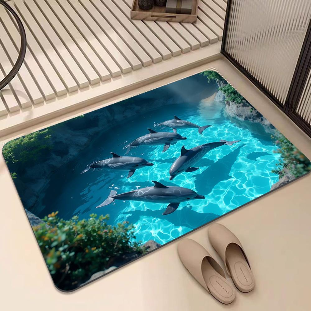 Ocean Theme Dolphin Bath Mat 3D Printed Anti Slip Floor Rug for Bathroom Bedroom Living Room Soft Flannel Carpet Washable