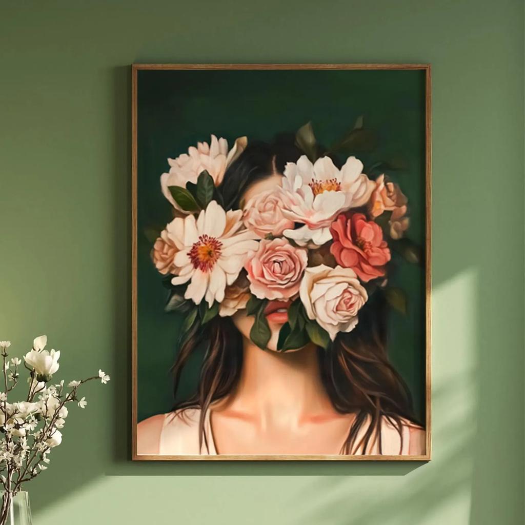 Stampa su Tela con Figure Astratte Verdi e Donna Fiore Ritratto Femminile Minimalista Japandi Poster Artistico per Decorazione Soggiorno Moderno