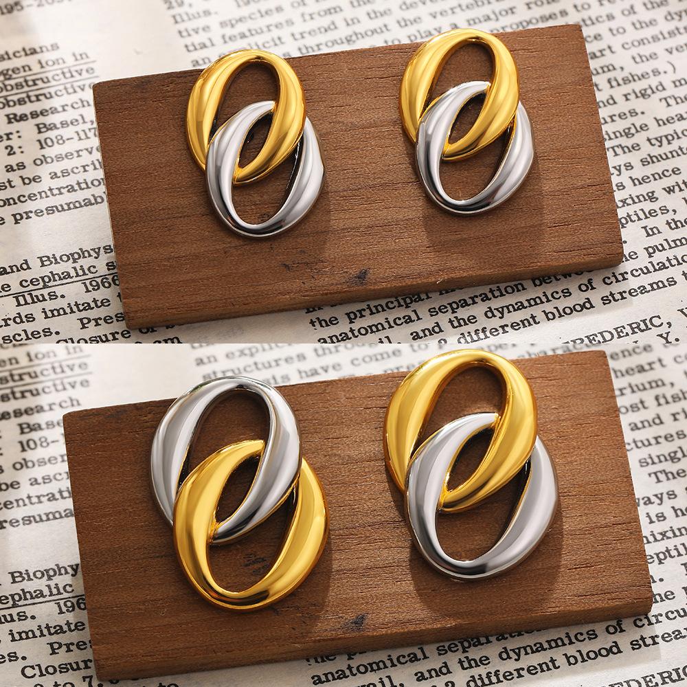 18K Gold and Silver Two-Color Electroplating Cross Double Ring Oval Geometric Stud Earrings Atmospheric Premium Sense Earrings