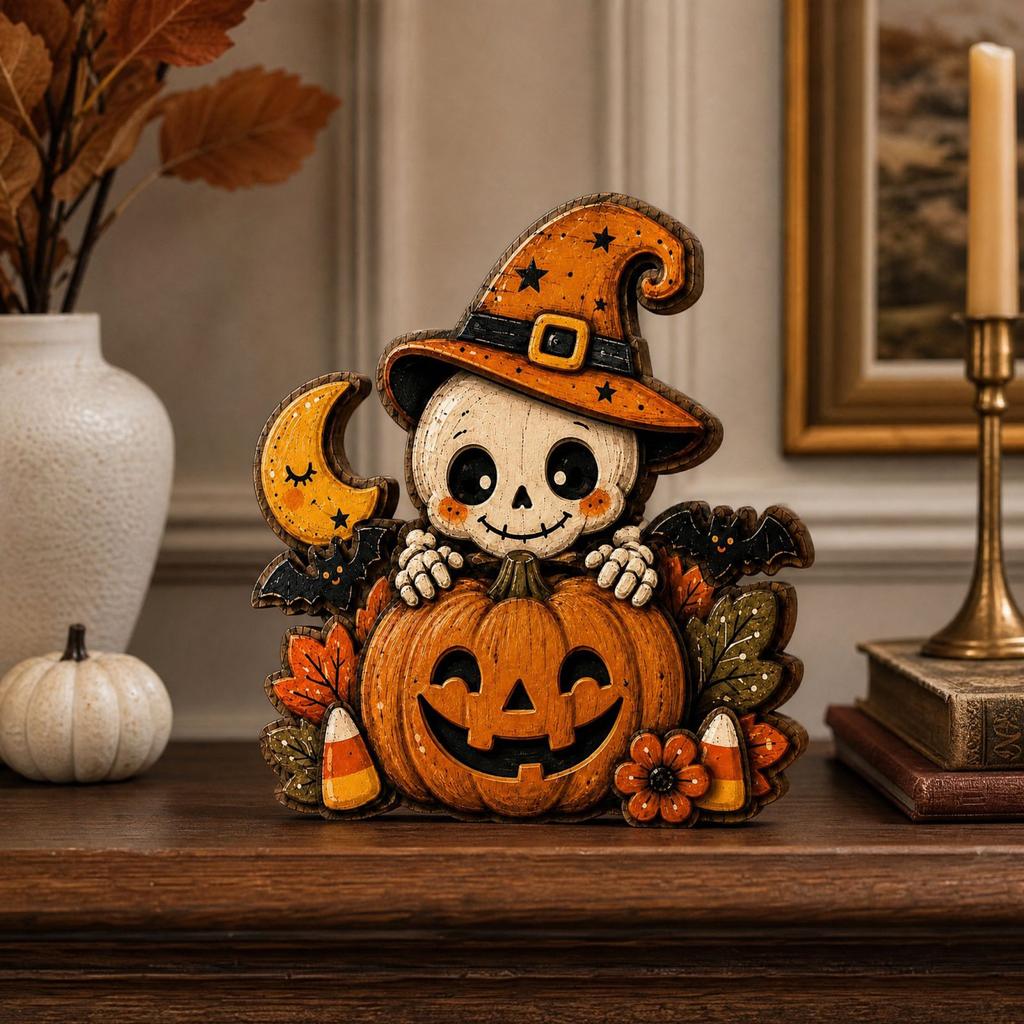 Vintage Wooden Halloween Pumpkin Tabletop Decor with Distressed for Shelf and Mantel Home
