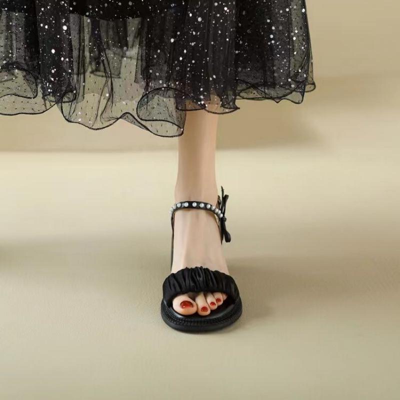 Ladies Shoes Heeled Summer 2024 High Heels Sandals for Women Rhinestones Footwear Pumps Beige Bow Round Toe Tip Diamond Sale F H