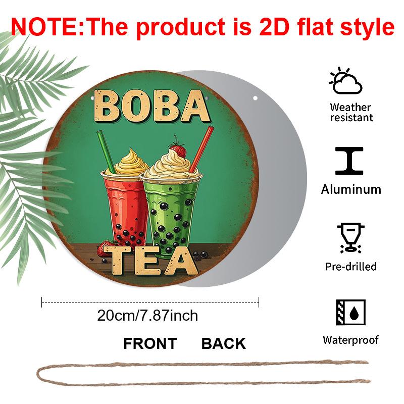 2D Flat - A Vintage Aluminum Sign About 'BOBA TEA', Retro Bubble Tea Cup Design with Strawberry & Cream Topping Measuring 7.87 Inches, Suitable for