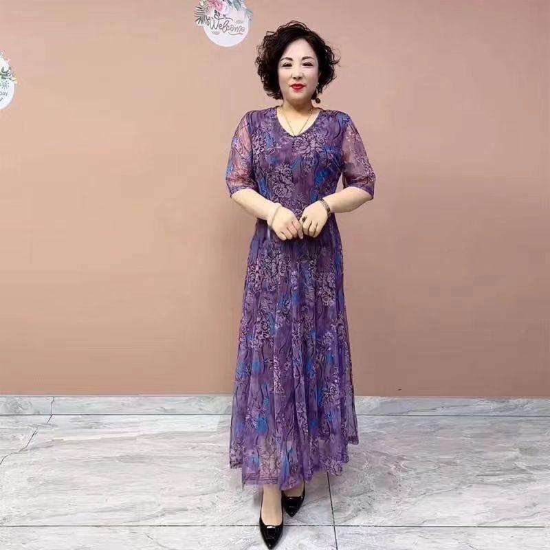 High-End Summer Women's Floral Dress   V-Neck Stretch Plus Size Dress   Slim Fit Long Dress