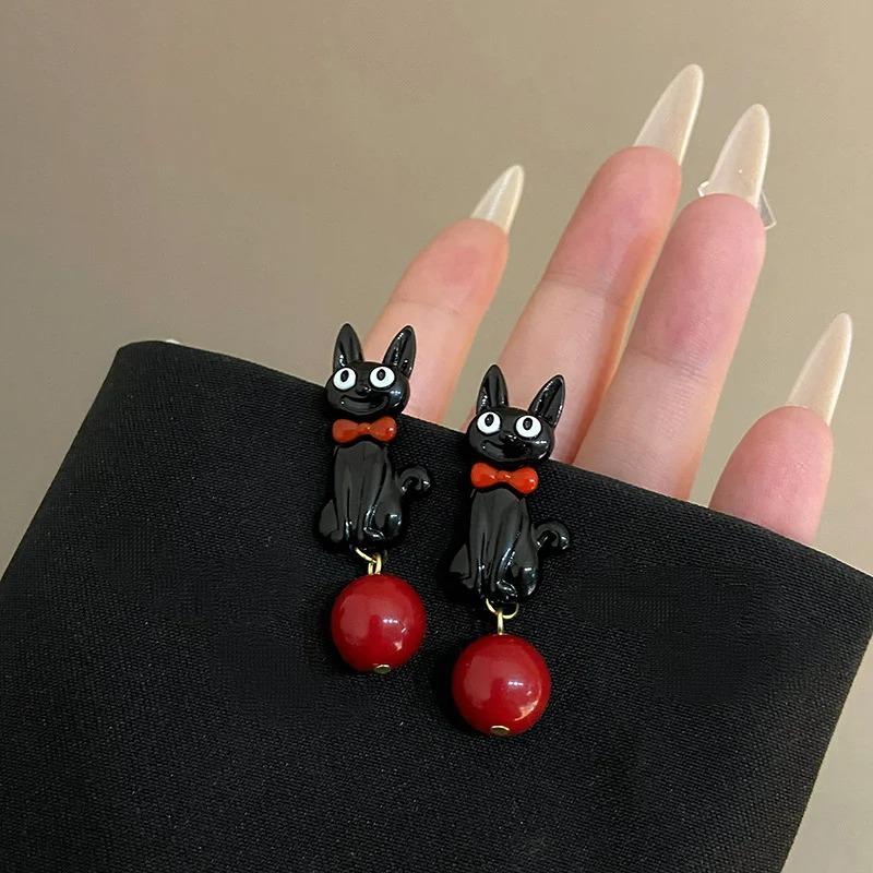 1Pair Halloween Black Cat Exposed Bone Drop Earrings Fashion Acrylic Skull Black Cat  for Women Festival Birthday Gift