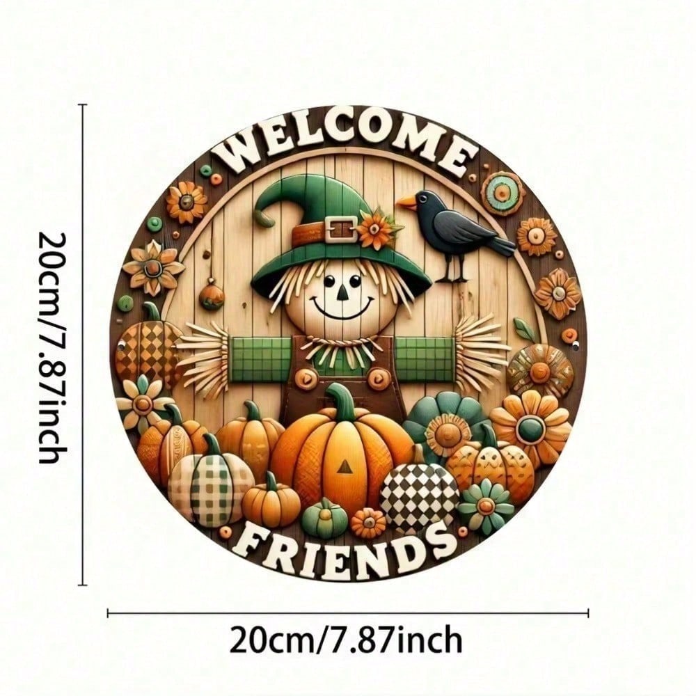 Charming Scarecrow Metal Wall Sign 7.8 Inch Intricate 2D Print Halloween Home Decor