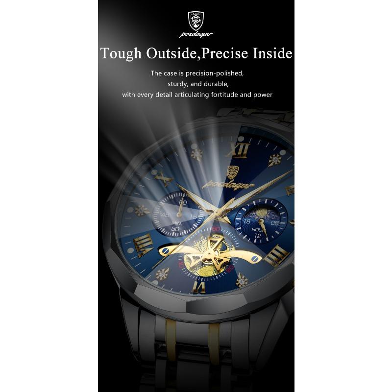 POEDAGAR Original Luxus Herrenuhr Wasserdicht Leuchtend Chronograph Armbanduhr Edelstahl Quarzuhren für Mann Reloj