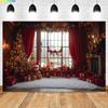 Winter  Christmas Night Window Backdrop Xmas Trees Toy Bear Background Photography for Christmas New Year Party Decor Banner