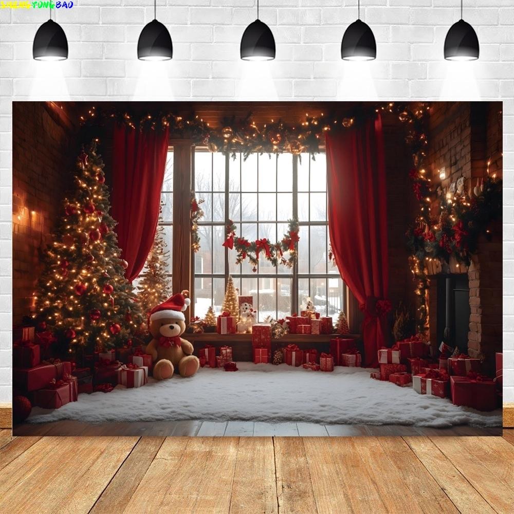 Winter Christmas Night Window Backdrop Xmas Trees Toy Bear Background Photography for Christmas New Year Party Decor Banner
