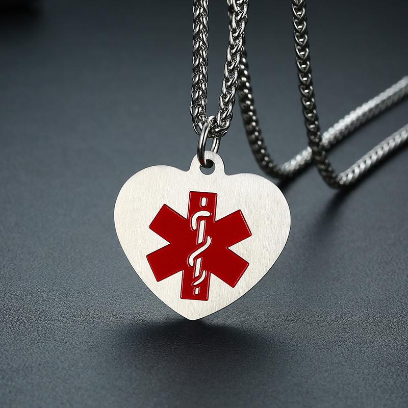 

Red Medical Alert ID Dog Tag Necklaces Personalized Free Custom Engraved Heart Pendant Emergency Male Jewelry