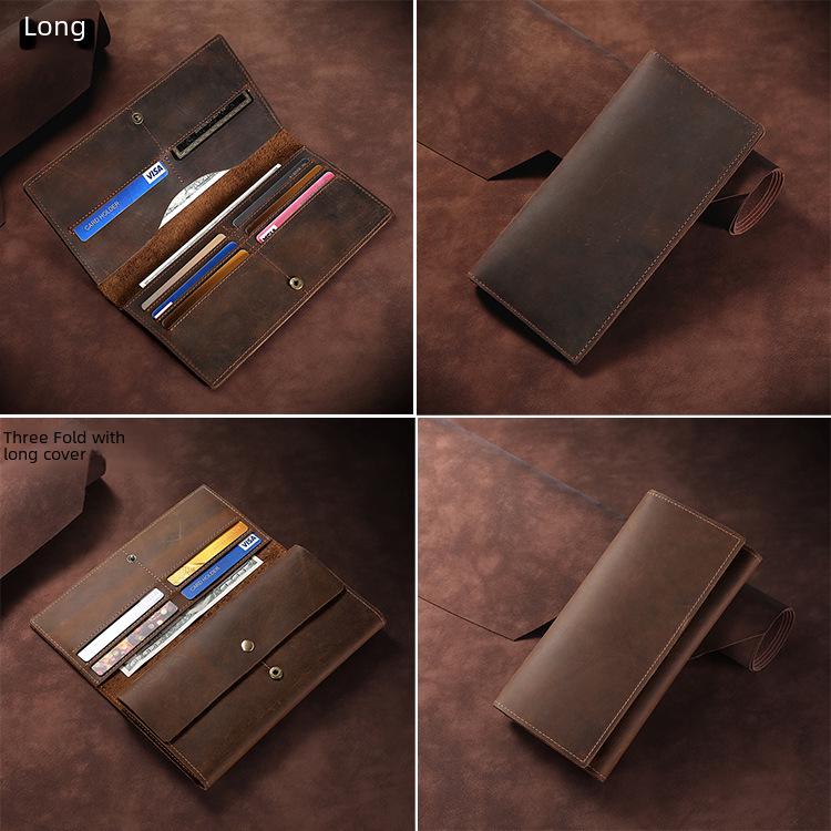 Men's Vintage Crazy Horse Leather Trifold Wallet - Genuine Leather, Multifunctional Business Clutch