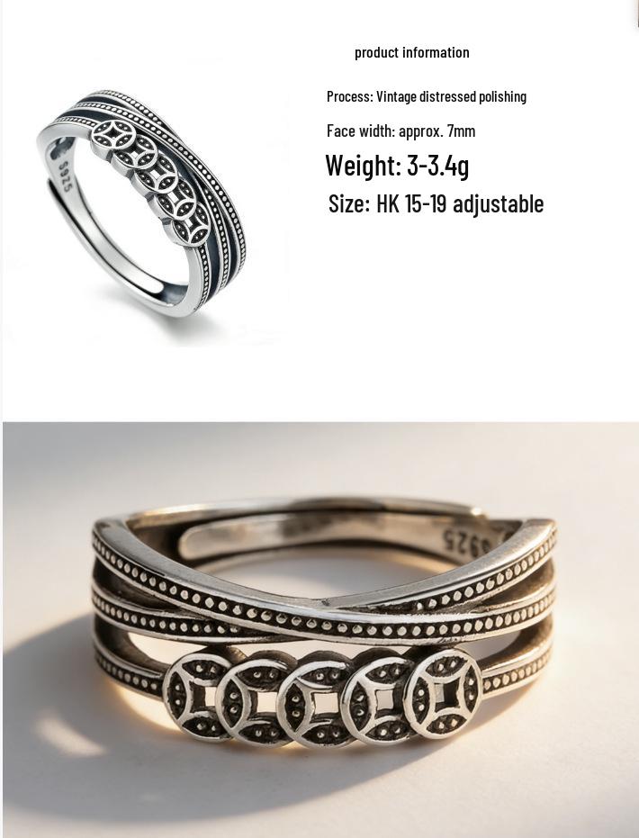 Ethnic Silver S925 Women's Ring: Retro Chinese Style with Wealth-Attracting Five Emperors Coins