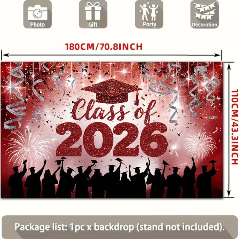 Red Glitter Class of 2026 Graduation Tapestry, "Class of 2026" with Fireworks and Confetti for Photo Booth