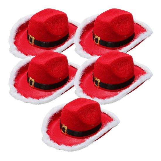 Cowboy Hat Christmas Themed White Furry Trim Soft Felt Material Jazz Top Hat Adjustable Red Tie Party Hat