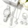 6pcs/Set-Elegant Women's Oval Quartz Watch Set, Suitable for Bracelets, Necklaces, Rings, Earrings, Fashionable Gift Choices